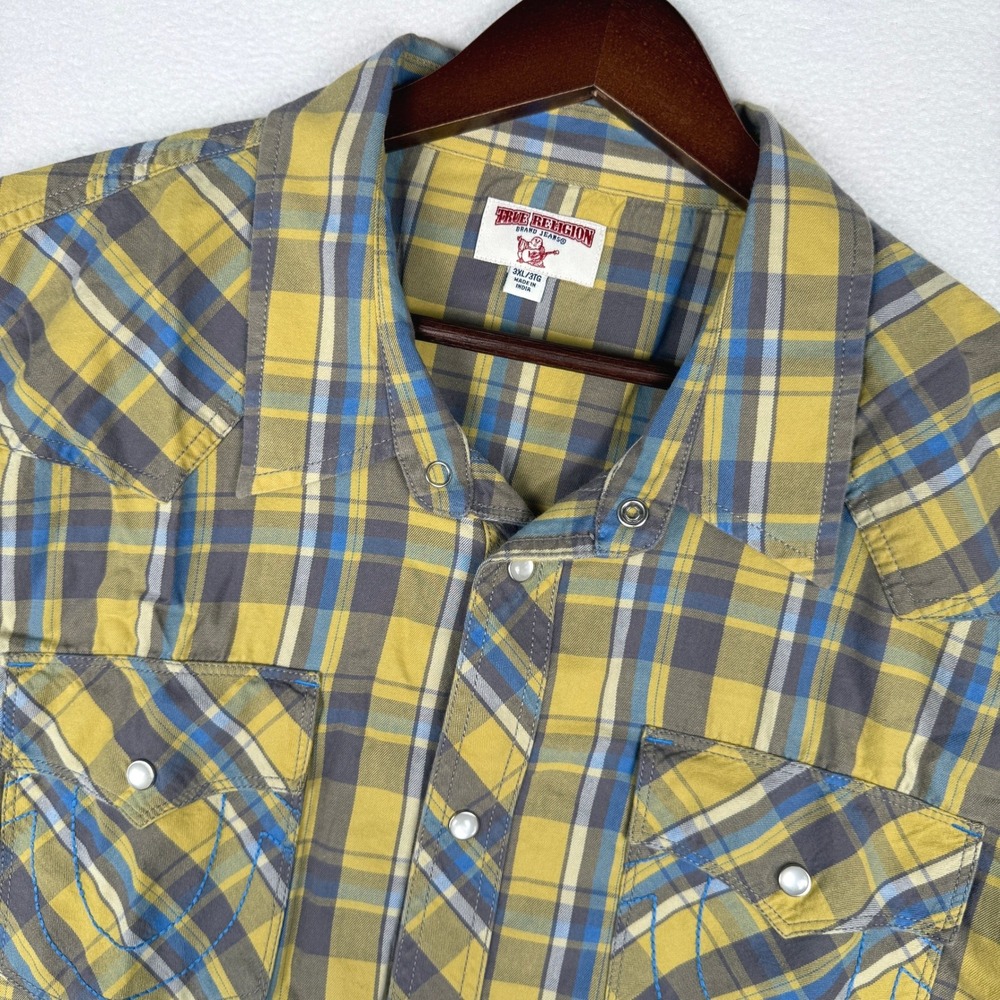 True Religion Western Shirt Mens 3XL Yellow Plaid Short Sleeve Pearl Snap Cowboy